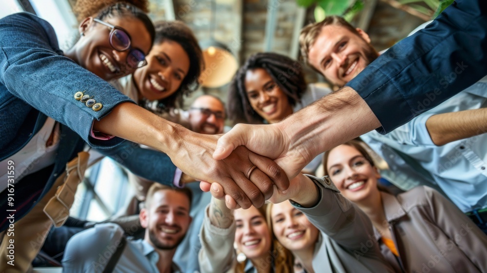 A group of people are holding hands in a circle, smiling A group of people are holding hands in a circle, smiling