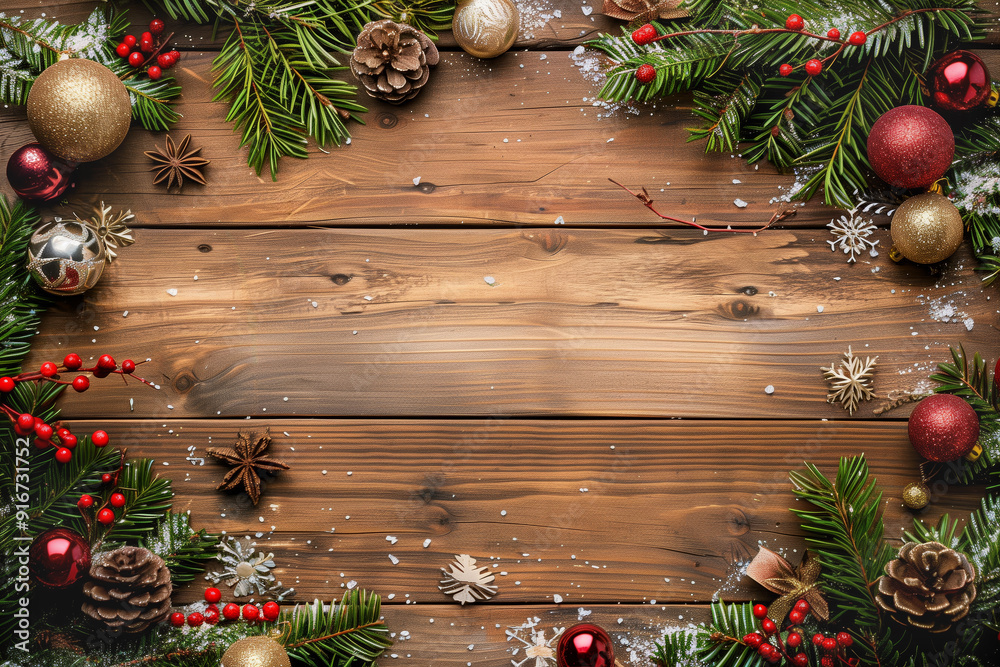 Christmas background with fir branches, decorations and ornaments in the frame and empty space on rustic wooden table. Top view Christmas background with fir branches, decorations and ornaments in the frame and empty space on rustic wooden table. Top view