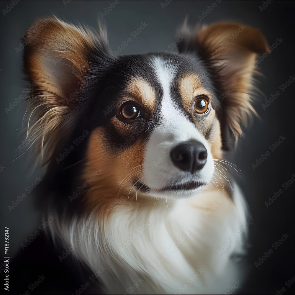 Portrait of a border collie dog posing on a dark background, looking up with curiosity and intelligence in its eyes Portrait of a border collie dog posing on a dark background, looking up with curiosity and intelligence in its eyes