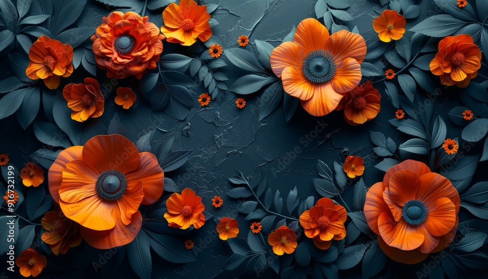 Bold 3D flower assortment forming an abstract design with a central copy space on a dark background Bold 3D flower assortment forming an abstract design with a central copy space on a dark background