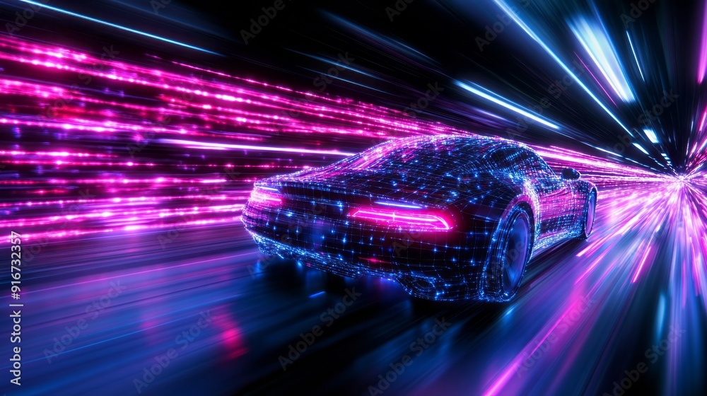 A futuristic car racing through a neon-lit tunnel at night, creating vibrant light trails A futuristic car racing through a neon-lit tunnel at night, creating vibrant light trails