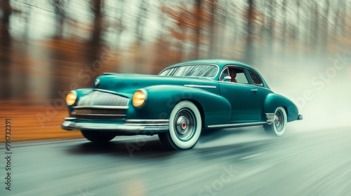 Vintage blue car driving through a rain-soaked forest road in autumn