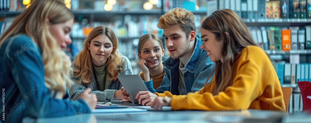 Fototapeta premium Students in a collaborative group video chat, solving virtual learning challenges, sharing online study tips