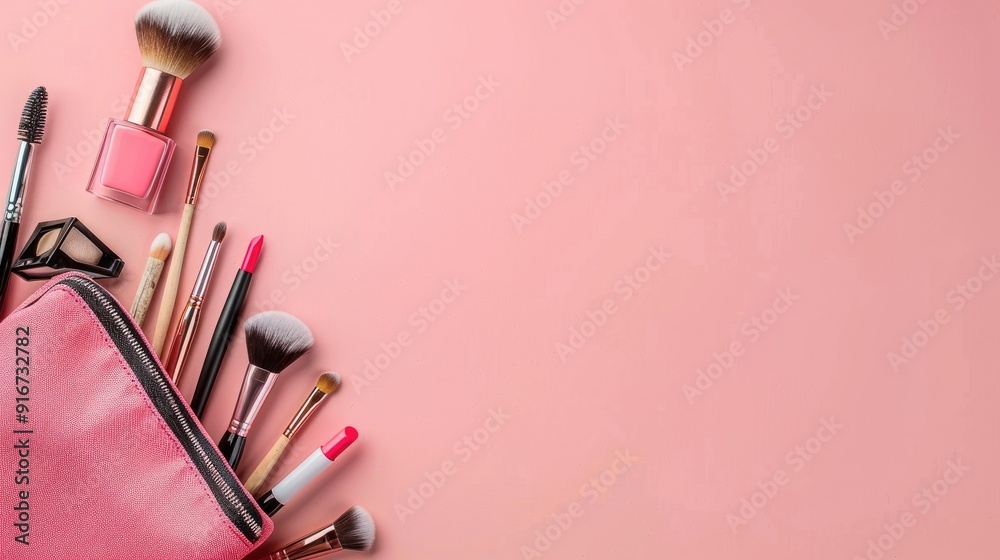 flat lay of pink and brown makeup bag with brushes, lipstick flat lay of pink and brown makeup bag with brushes, lipstick