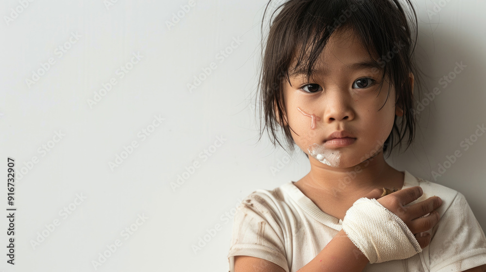 Portrait of a Young Child with Bandaged Hand and Face, Expressing Sadness and Resilience Against a Plain White Background Portrait of a Young Child with Bandaged Hand and Face, Expressing Sadness and Resilience Against a Plain White Background
