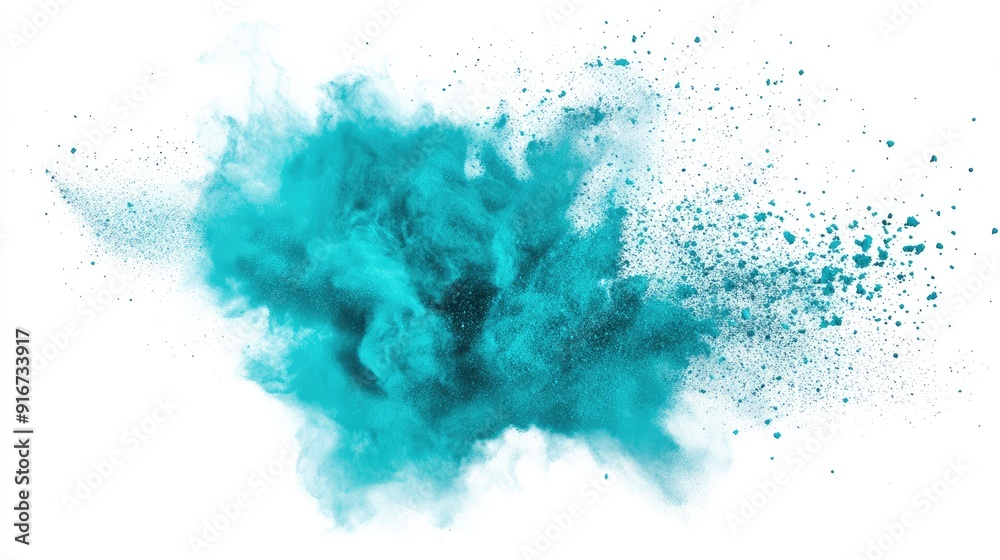 Turquoise colored powder in an explosive motion on a white background, highlighting the bright and captivating hue. Great for festival visuals and printing materials. Turquoise colored powder in an explosive motion on a white background, highlighting the bright and captivating hue. Great for festival visuals and printing materials.