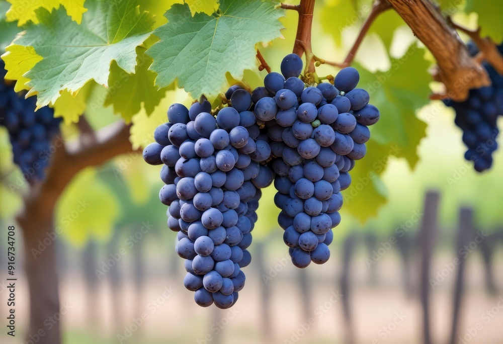 Fototapeta premium blue wine grapes on branch and blurred background, ai