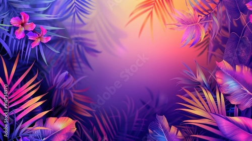 Vibrant tropical foliage with colorful plants and flowers creating a dreamy background