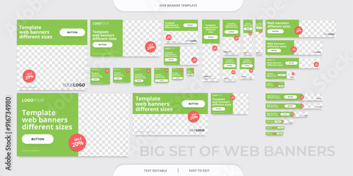 Big set of web banner templates in various sizes with image space. Editable text. Vector design.