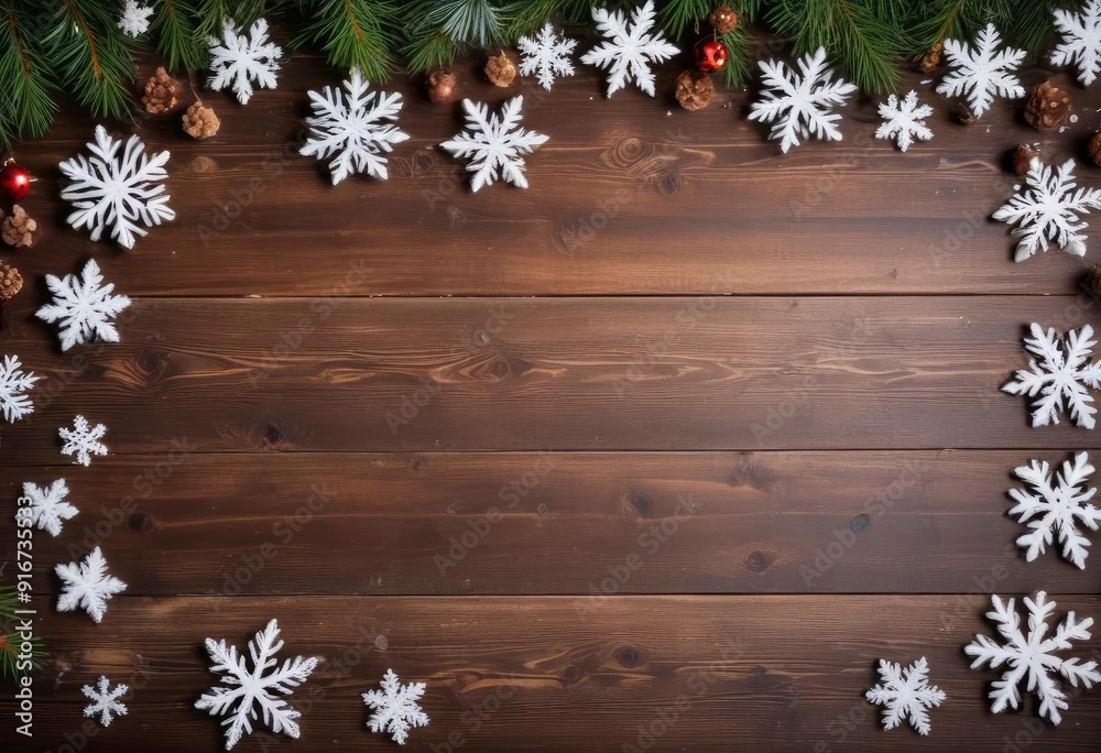 christmas snowflake background on wooden table with copy space, ai christmas snowflake background on wooden table with copy space, ai