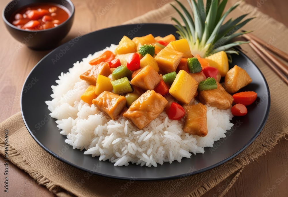 asian food, chicken and vegetables in sweet sour ananas pineapple sauce and rice on plate, ai