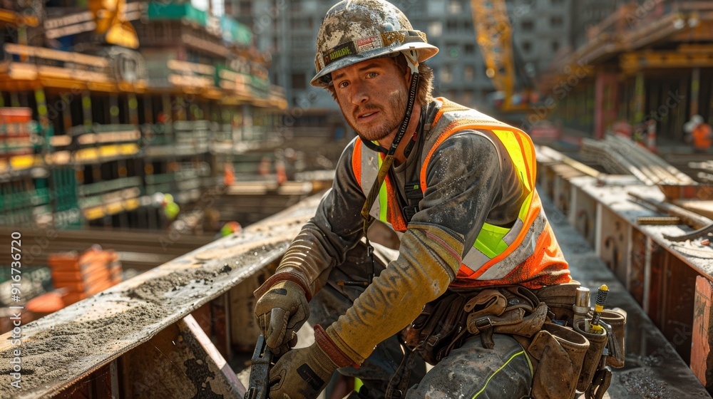 Construction worker taking a break on a busy urban construction site during daylight hours Construction worker taking a break on a busy urban construction site during daylight hours