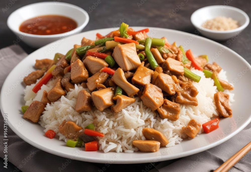 asian food, Chop Suey sauce with chicken and rice on plate, ai