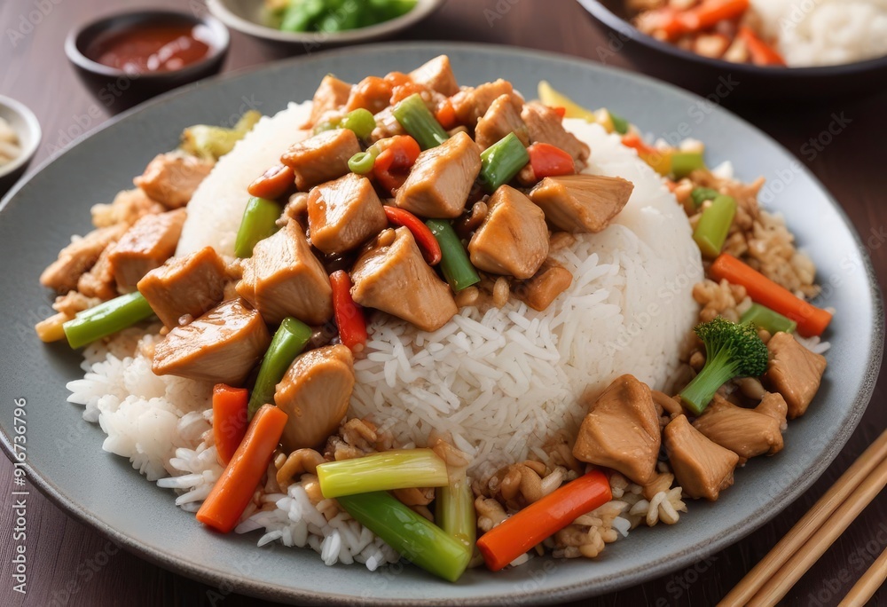asian food, Chop Suey sauce with chicken and rice on plate, ai asian food, Chop Suey sauce with chicken and rice on plate, ai
