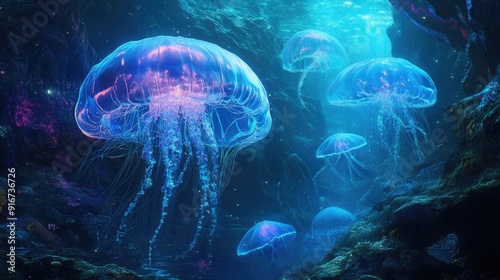 A mystical underwater world with giant glowing jellyfish and fantastical sea creatures.