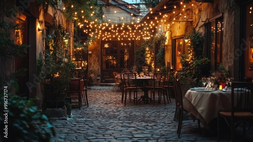 A romantic dinner in a charming Italian courtyard, with cobblestone streets and twinkling fairy lights.