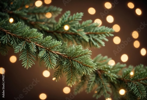 christmas fir branches with bokeh lights, ai