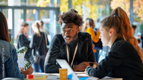 A scene at a vibrant career fair with people gathered around a table, engaging in interaction and networking