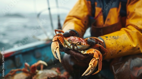 A fisherman holds a crab on a boat in the Bering Sea