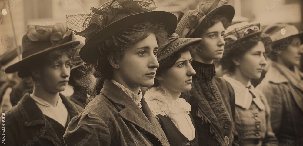 custom made wallpaper toronto digitalVintage photo of women in hats. A vintage photograph depicting a row of women in stylish hats, captured in a candid moment from the past.