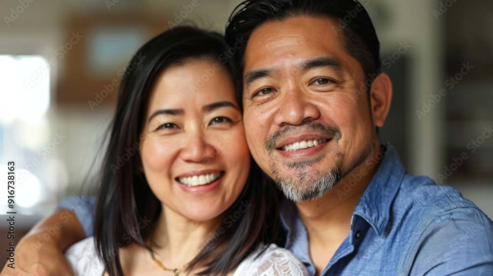 A portrait of an Asian couple smiling at the camera