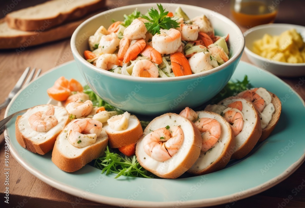 homemade seafood salat with bread in bowl, restaurant concept, ai homemade seafood salat with bread in bowl, restaurant concept, ai