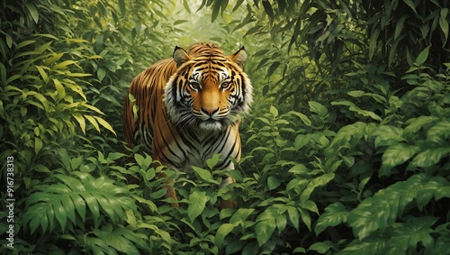  tiger is hidden in a jungle of green leaves.