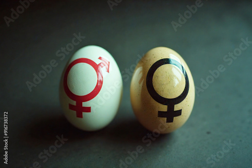 Gender symbols on chicken eggs : the female sign and the sign of intersexuality. The concept of gender self-determination.  AI generative. photo