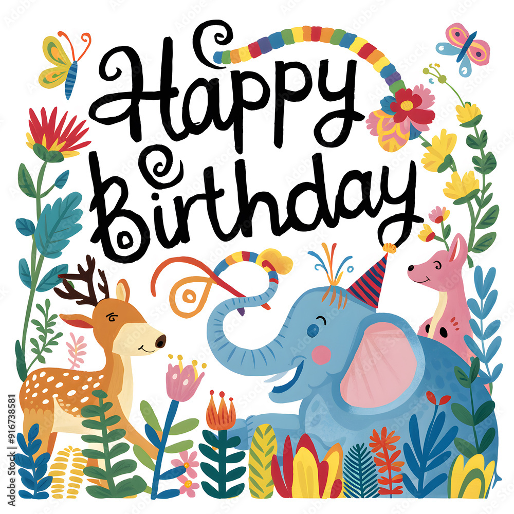 Obraz premium Happy birthday hand drawn lettering greeting card featuring various animals and plants illustration. Colorful nature illustration for celebrating birthday special holiday. Birthday banner, card
