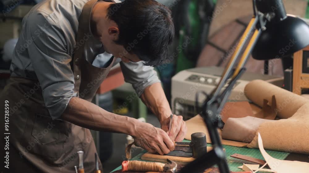 Male artisan using a hammer and other tools to shape and detail the leather piece in the workshop Male artisan using a hammer and other tools to shape and detail the leather piece in the workshop