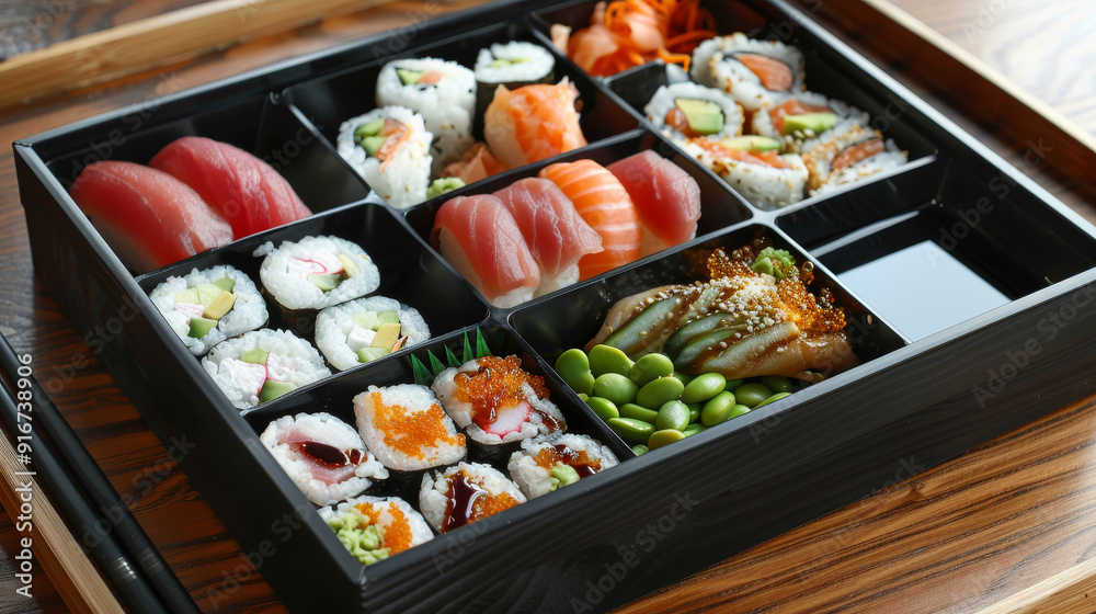 Experience the luxury of upscale dining with a bento box filled with a variety of sushi rolls, delicate sashimi, edamame, and tamago, all beautifully compartmentalized Experience the luxury of upscale dining with a bento box filled with a variety of sushi rolls, delicate sashimi, edamame, and tamago, all beautifully compartmentalized