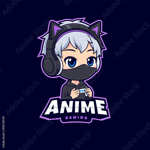 Chibi anime gamer boy icon esport mascot logo gaming