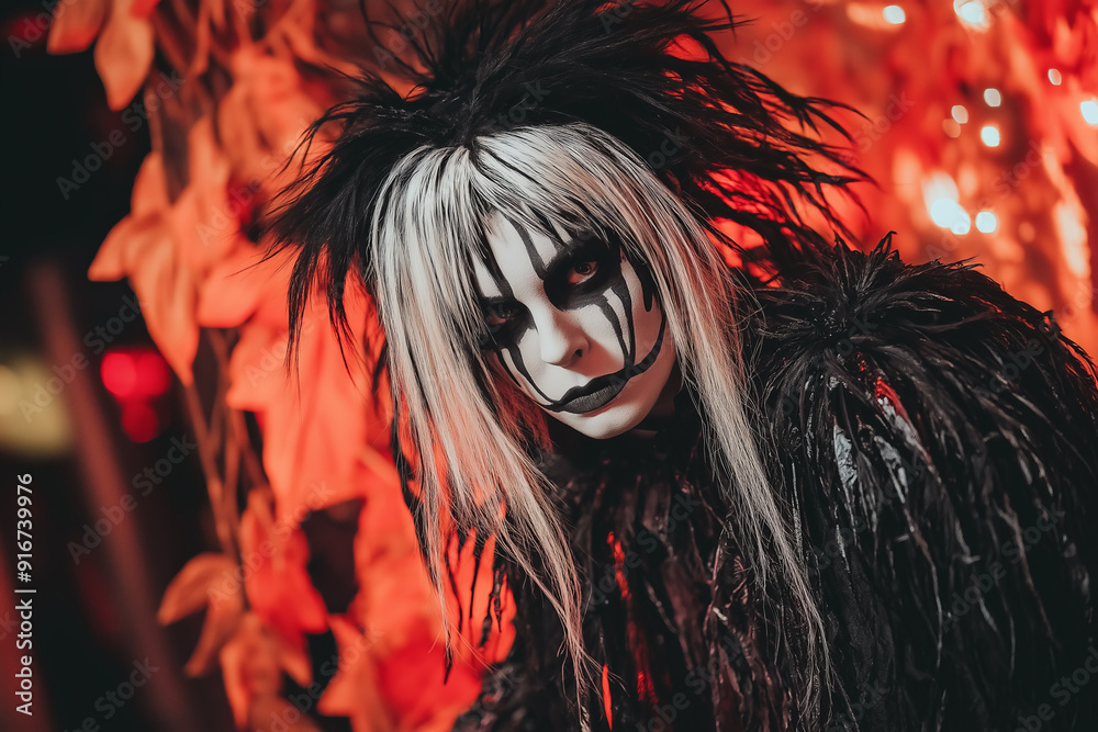 A person in a spooky costume with black and white makeup. A person in a spooky costume with black and white makeup.