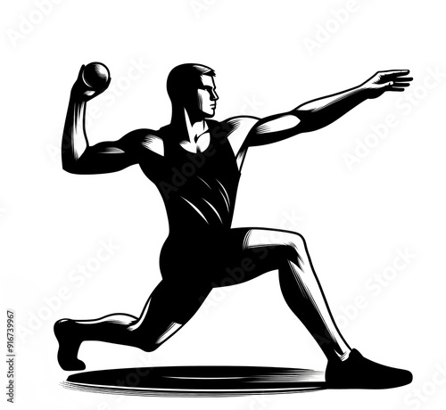 Isolated black and white symbolic vector illustration of male athlete competing in shot put on white background.	 photo