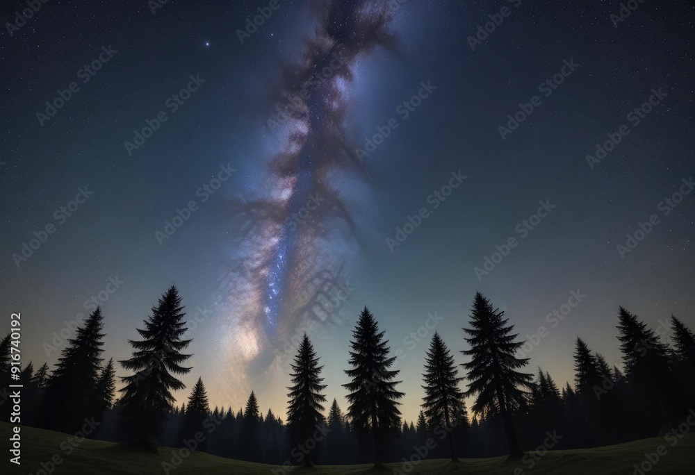 black forest silhouettes under milky way night sky, ai black forest silhouettes under milky way night sky, ai