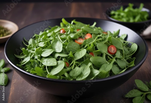 fresh wet rucola salat in black bowl, ai