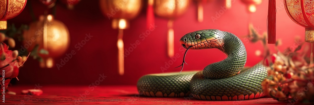 Green snake with red lanterns and Chinese decorations.