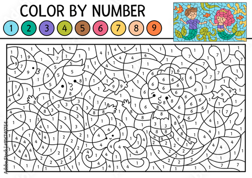 Vector mermaid color by number activity with cute sea princess, merman, octopus. Marine landscape scene. Black and white counting game. Ocean kingdom coloring page for kids with water animal
