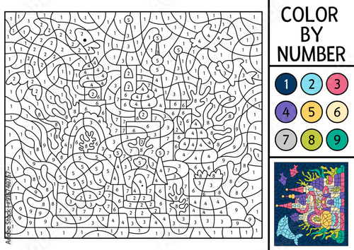 Vector mermaid color by number activity with cute sea palace, fish, dolphin. Marine landscape scene. Black and white counting game. Ocean kingdom coloring page for kids with underwater castle