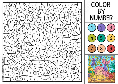 Vector mermaid color by number activity with cute sea princess, crab, seahorse. Marine landscape scene. Black and white counting game. Ocean kingdom coloring page for kids with water animal