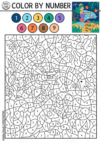Vector mermaid color by number activity with cute sea princess riding dolphin. Marine landscape scene. Black and white counting game. Ocean kingdom coloring page for kids with water animal