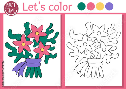 Mermaid coloring page for children with cute seaweeds bouquet. Vector ocean kingdom outline illustration. Color book for kids with colored example. Underwater drawing skills printable worksheet