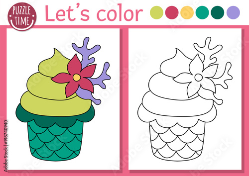 Mermaid coloring page for children with cupcake with seaweeds. Vector ocean kingdom outline illustration. Color book for kids with colored example. Underwater drawing skills printable worksheet