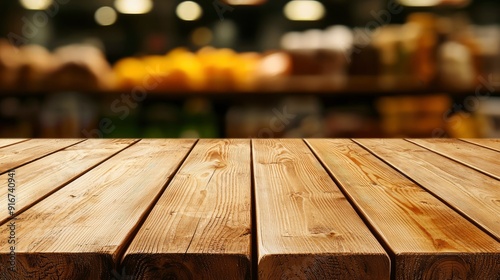 Empty Wood Table Top With Pet Food Shop Blurred In The Background