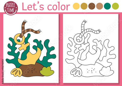Mermaid coloring page for children with cute sea anchor. Vector ocean kingdom outline illustration. Color book for kids with colored example. Underwater drawing skills printable worksheet