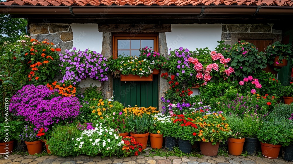 Naklejka premium Entrance To An Old Stone European House With Potted Plants