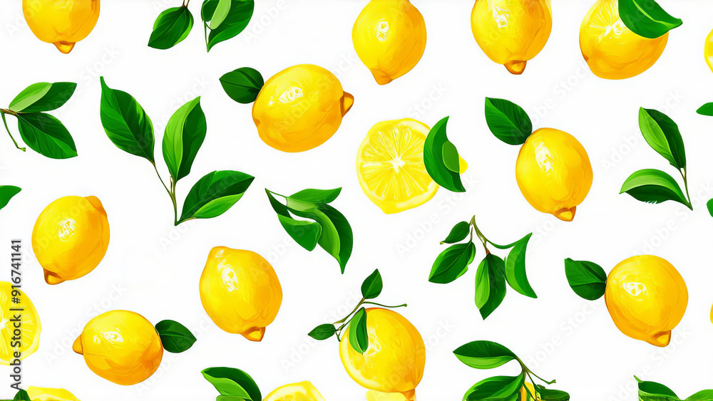Pattern of lemons and leaves on a white background. Textile designs, wallpaper, and summer projects. Juicy ripe yellow lemons, green leaves. Tropical organic citrus fruit. Pattern of lemons and leaves on a white background. Textile designs, wallpaper, and summer projects. Juicy ripe yellow lemons, green leaves. Tropical organic citrus fruit.