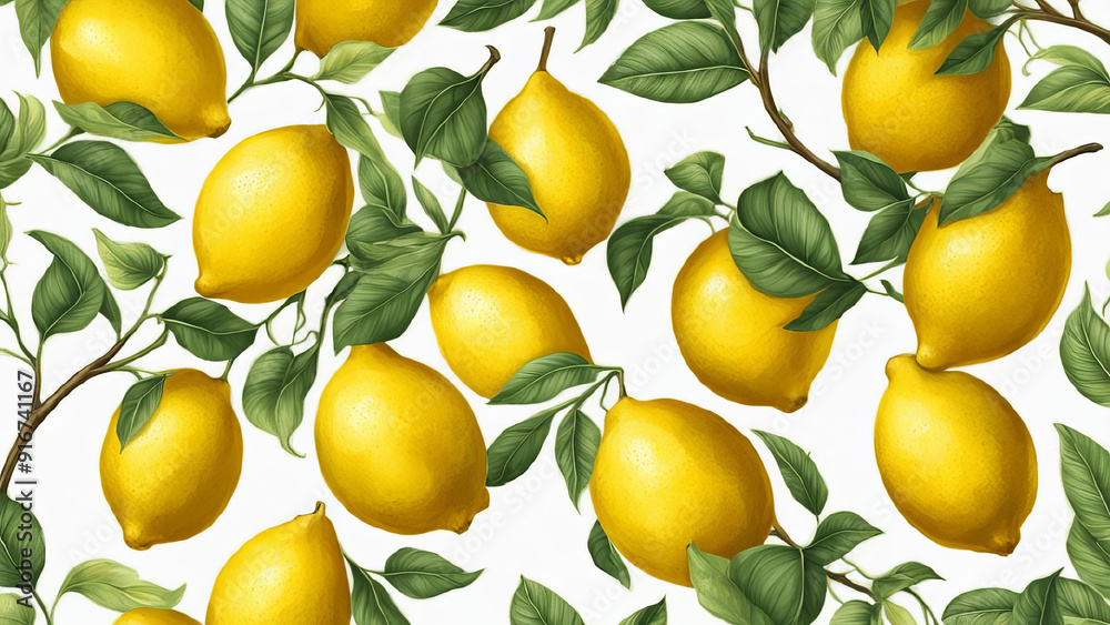 Pattern of lemons and leaves on a white background. Textile designs, wallpaper, and summer projects. Juicy ripe yellow lemons, green leaves. Tropical organic citrus fruit.
