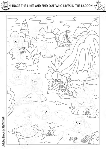 Join the dots to find out who lives in lagoon. Vector fairytale drawing, tracing practice worksheet with underwater kingdom landscape. Mermaid printable activity, coloring page for kids