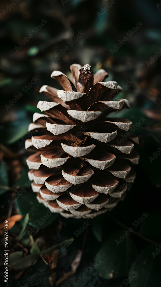Pine cones on a tree in a forest with a closeup of a brown, dry pine cone in nature durin Pine cones on a tree in a forest with a closeup of a brown, dry pine cone in nature durin